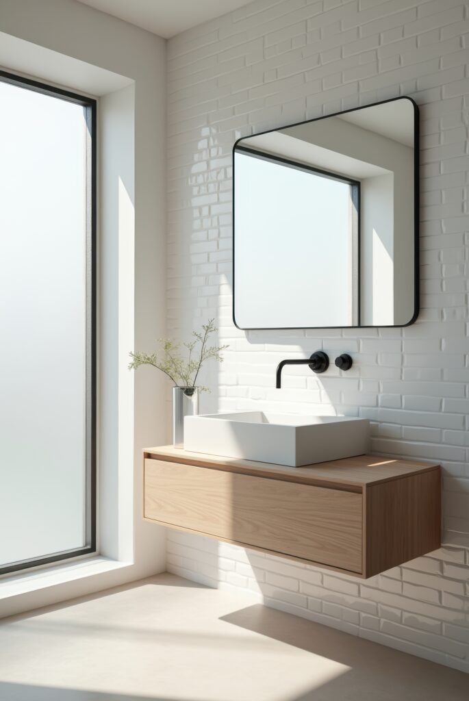 Scandinavian Bathroom: 15 Amazing Ideas for a Calm Space 11 Scandinavian bathroom with a floating wood vanity, square vessel sink, black wall-mounted faucet, and a large mirror against white brick tiles.