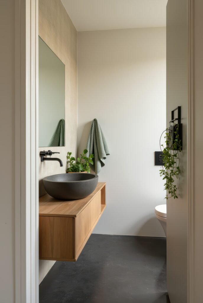 Japandi Bathroom: 7 Must-Know Tips for an Amazing Zen Look 9 Japandi bathroom with a wood floating vanity, stone vessel sink, matte black fixtures, and greenery adding a natural touch.