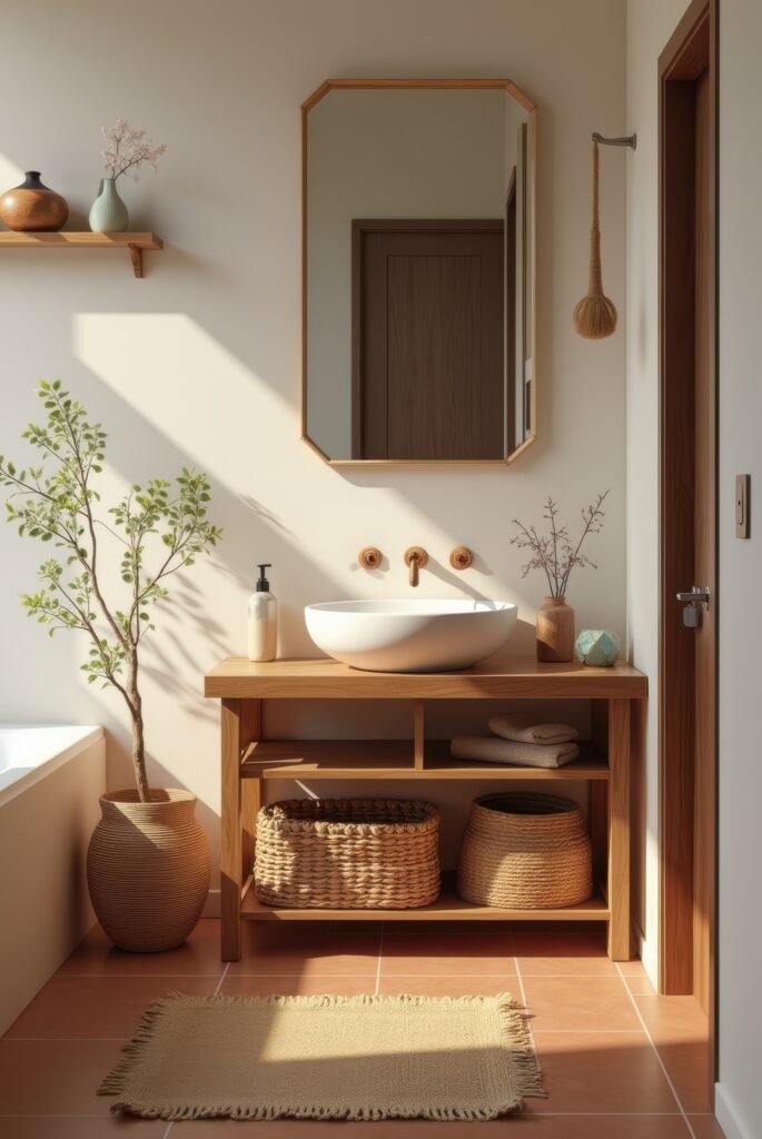 Wabi Sabi Bathroom: 15 Proven Tips to Transform Your Space 9 Wabi Sabi bathroom with a wooden vanity, vessel sink, woven baskets, and natural decor bathed in warm sunlight for a serene ambiance.