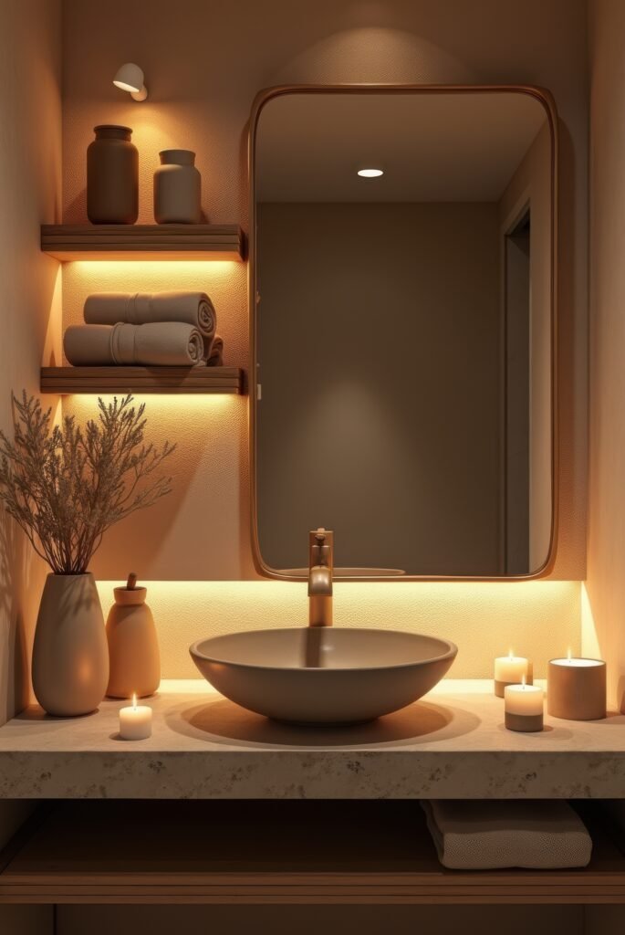Wabi Sabi Bathroom: 15 Proven Tips to Transform Your Space 10 Wabi Sabi bathroom with warm ambient lighting, a stone vessel sink, wooden shelves, soft towels, and candles creating a serene atmosphere.