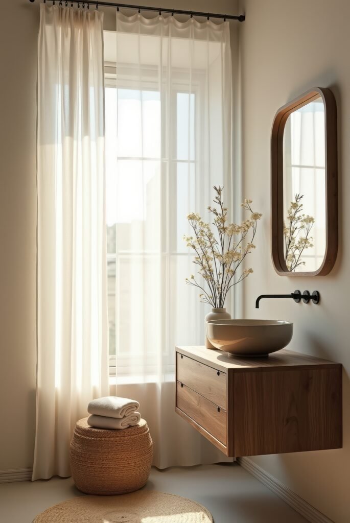 Wabi Sabi Bathroom: 15 Proven Tips to Transform Your Space 11 Wabi Sabi bathroom with a floating wooden vanity, ceramic vessel sink, soft sheer curtains, and natural decor bathed in gentle sunlight.
