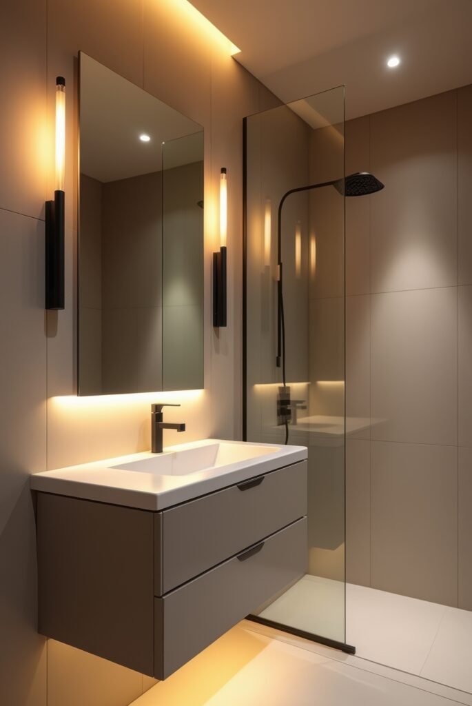 Scandinavian Bathroom: 15 Amazing Ideas for a Calm Space 12 Scandinavian bathroom with a floating vanity, warm ambient lighting, black fixtures, and a glass-enclosed shower for a modern, cozy feel.
