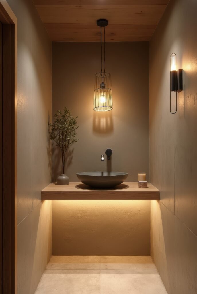 Japandi Bathroom: 7 Must-Know Tips for an Amazing Zen Look 10 Japandi bathroom with warm lighting, a wood vanity, stone vessel sink, and minimalist decor creating a serene, cozy atmosphere.