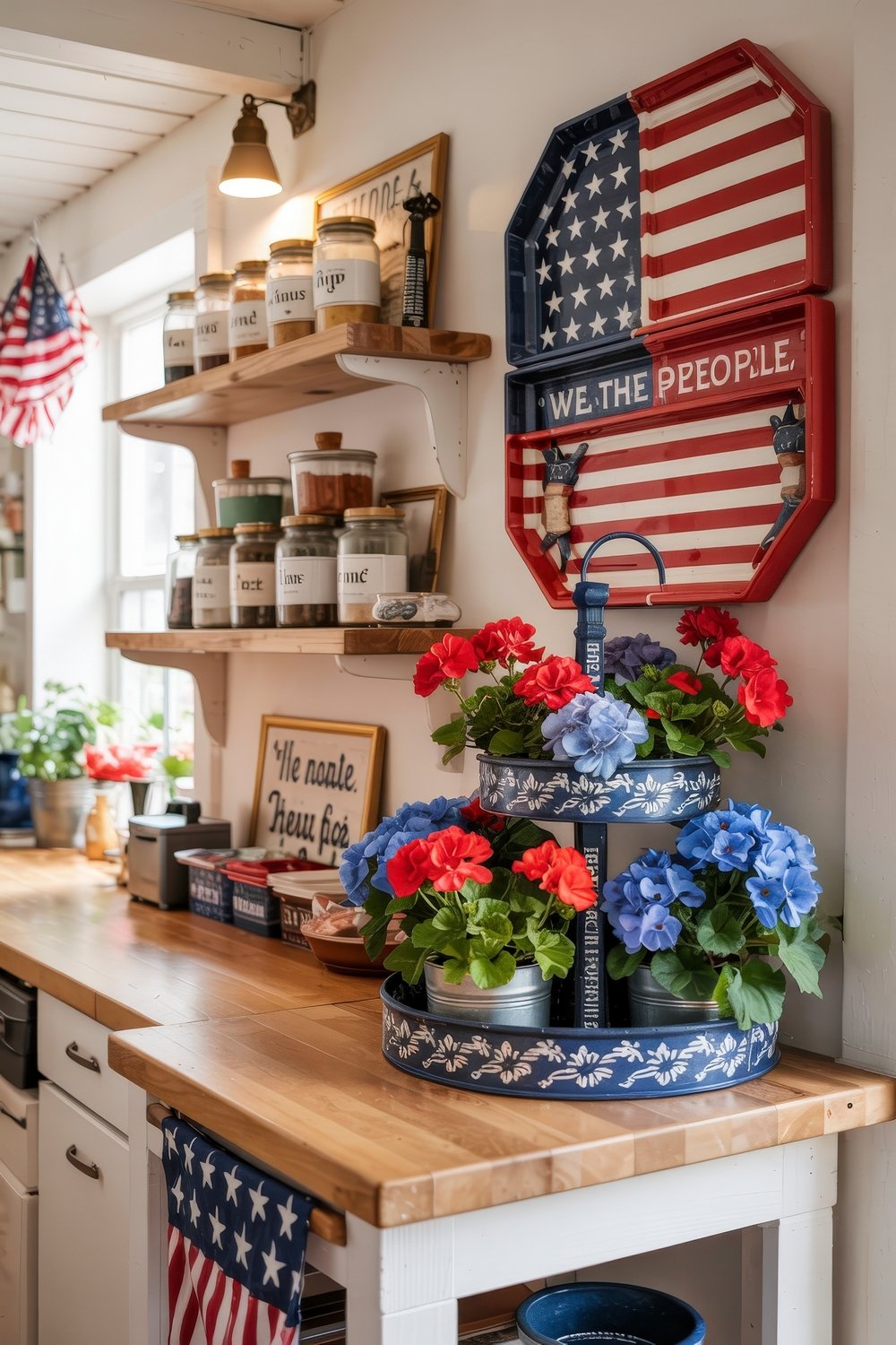 Bright kitchen countertop with tiered tray of red and blue flowers beneath a patriotic flag sign, showcasing apartment-friendly 4th of July décor