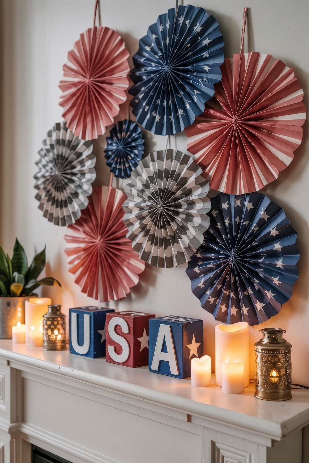 Red, white, and blue paper rosettes with stars and stripes hang above a decorated mantel featuring USA letter blocks and candles for festive DIY 4th of July décor.