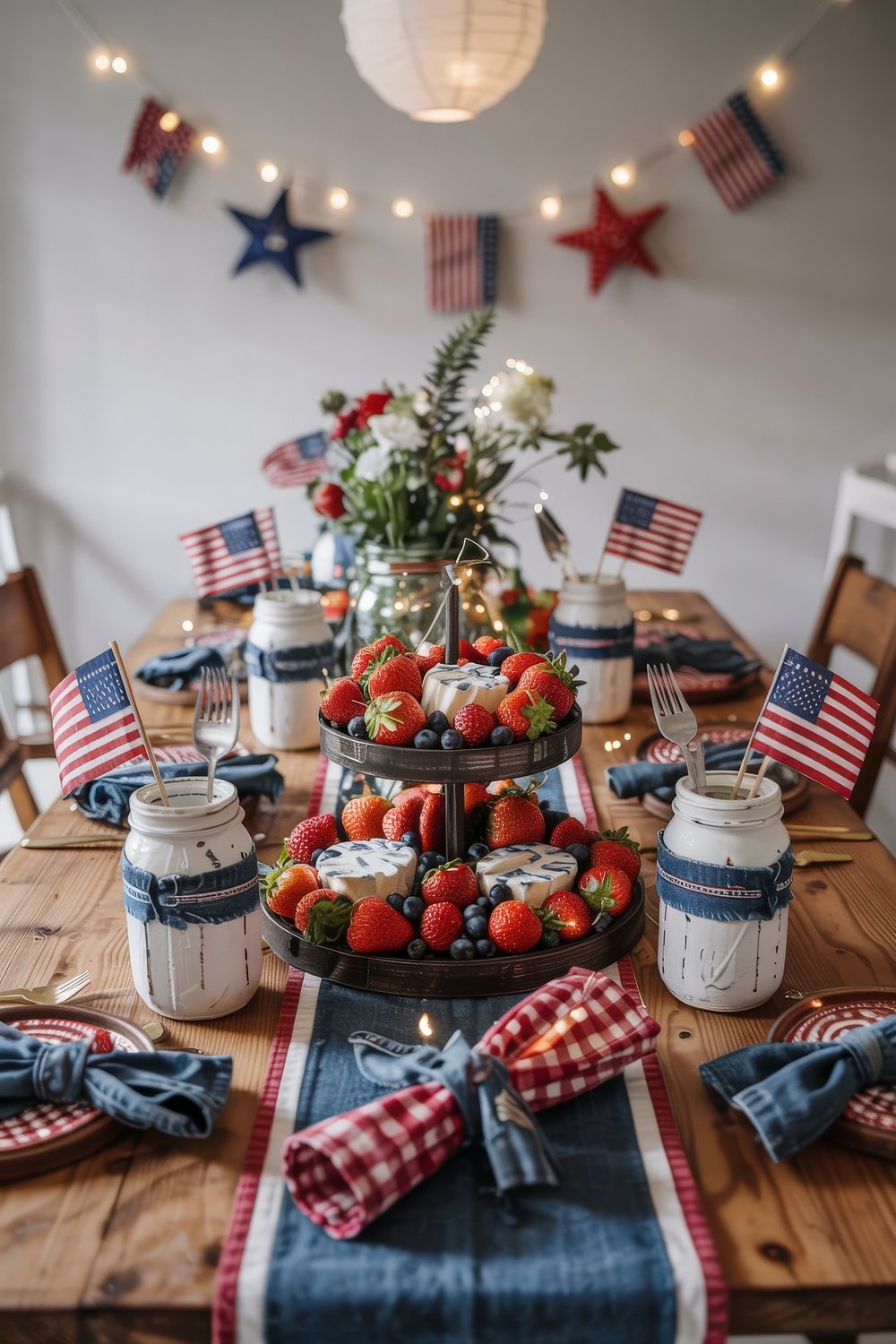 Rustic wooden table decorated for the 4th of July with mason jar centerpieces, red and blue napkins, fresh berries, mini cheesecakes, and small American flags.