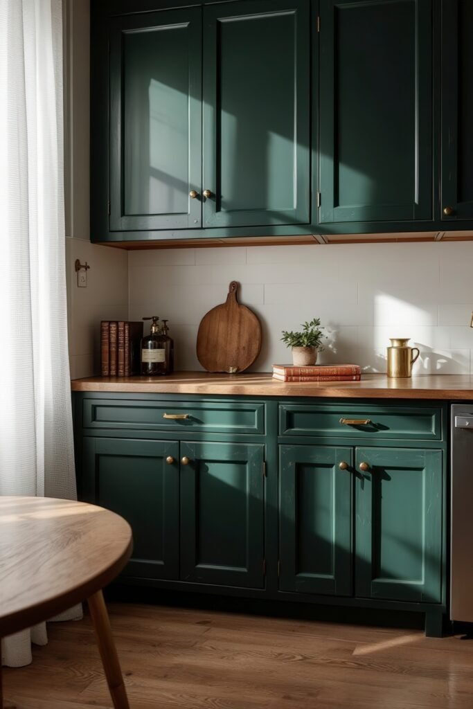 Dark Academia Kitchen Cabinets: Shades & Hardware for a Vintage Aesthetic 2 Sunlit corner with deep green Dark Academia Kitchen Cabinets, wooden accents, and vintage books on a butcher block.