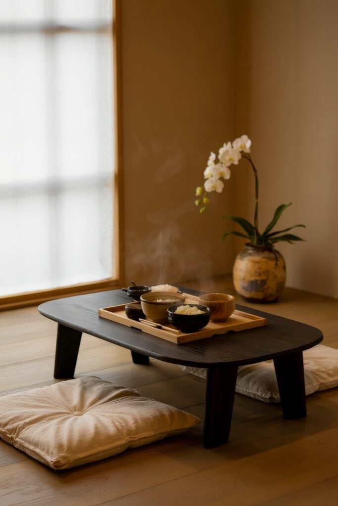 Japanese Breakfast Nook Ideas: Tea Ceremony Style for Tiny Kitchens 2 Minimalist Japanese Breakfast Nook with steaming bowls on a wooden tray beside a potted orchid.