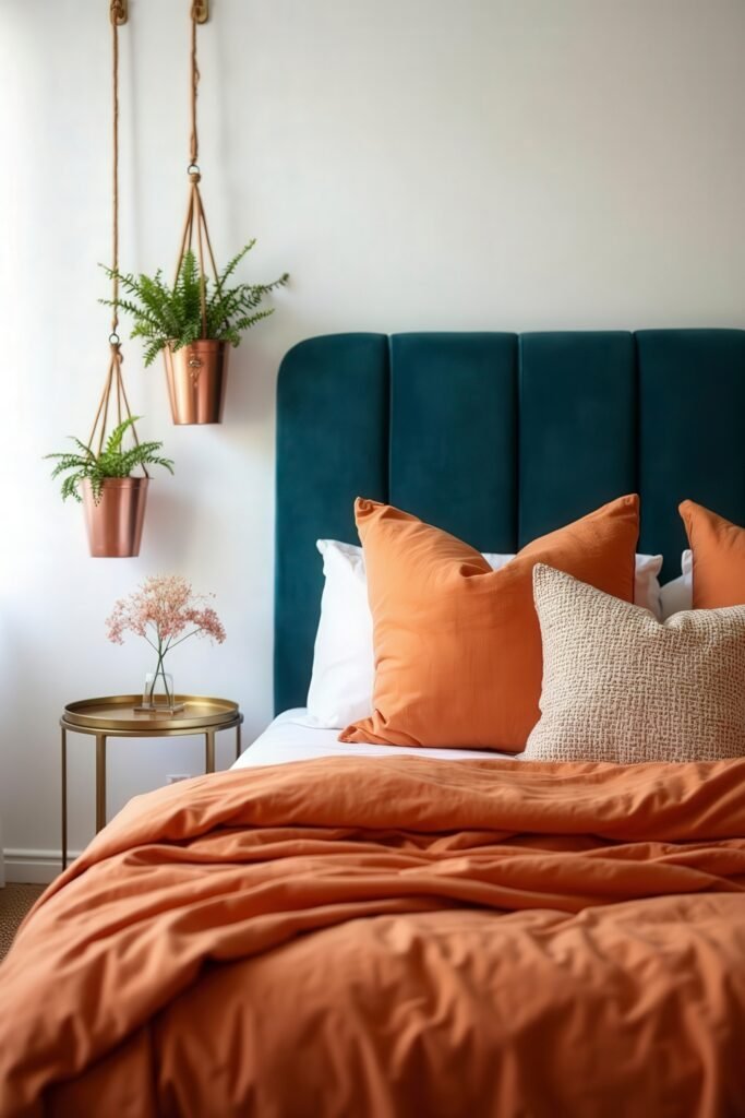 Cozy Burnt Orange Boho Bedroom Design Guide 2 Velvet teal headboard with burnt orange pillows and hanging copper planters in a boho bedroom