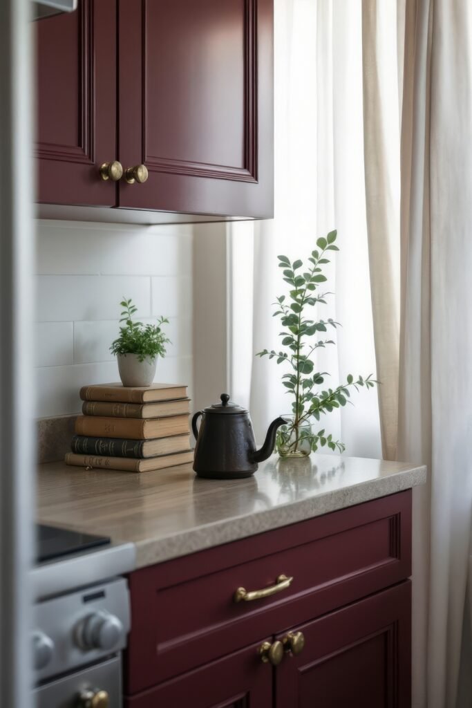 Dark Academia Kitchen Cabinets: Shades & Hardware for a Vintage Aesthetic 3 Burgundy cabinetry with brass knobs, vintage books, and greenery styled beside soft white curtains in a cozy kitchen.