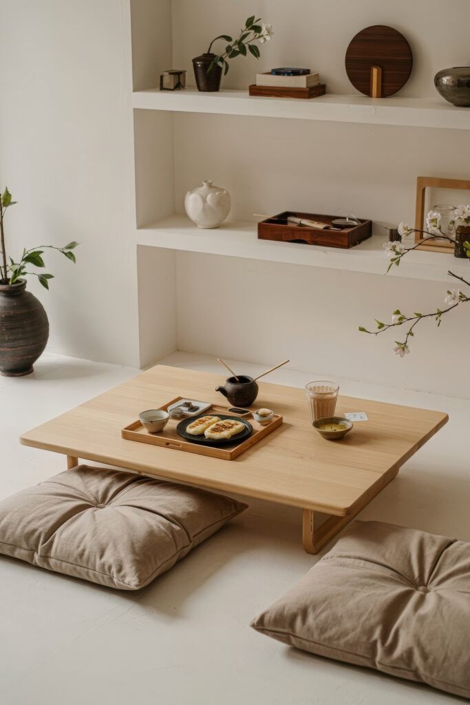 Japanese Breakfast Nook Ideas: Tea Ceremony Style for Tiny Kitchens 3 Bright Japanese Breakfast Nook with a simple meal and tea set on a light wood table with soft cushions.