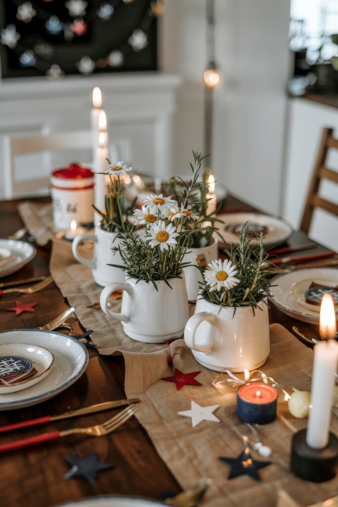 Patriotic 4th of July Table Décor & Centerpieces 3 Cozy dining table with white mugs filled with daisies and greenery, surrounded by candles and patriotic star-shaped confetti for a warm 4th of July table décor look.