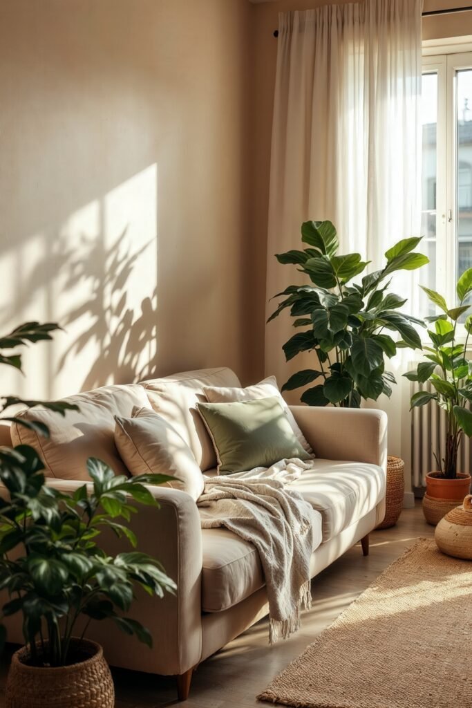 Beige and Green Living Room: Color Pairing Tips & Inspiration 2 Sunlight fills a beige and green living room with potted plants, a cream sofa, and a soft throw blanket.