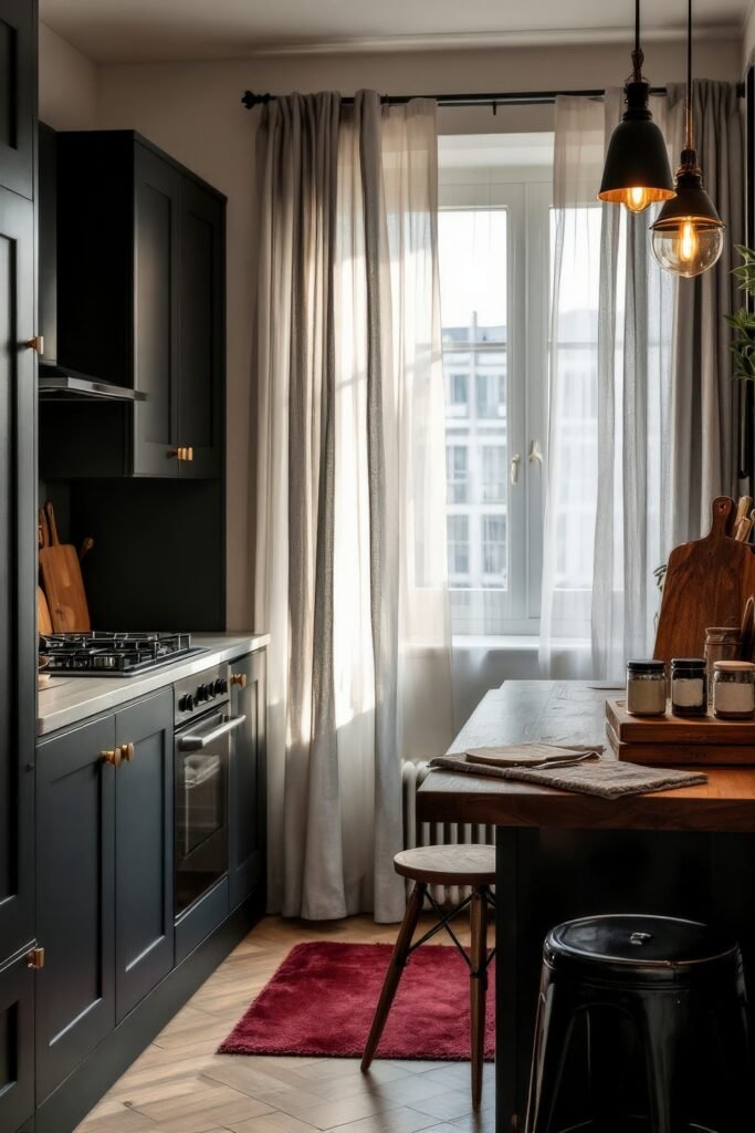 DIY Dark Academia Kitchen Decor: Affordable Tips & Tricks to Transform Your Space 2 Sunlit small kitchen with dark cabinets, sheer curtains, and warm pendant lights styled with DIY Dark Academia Kitchen Decor.