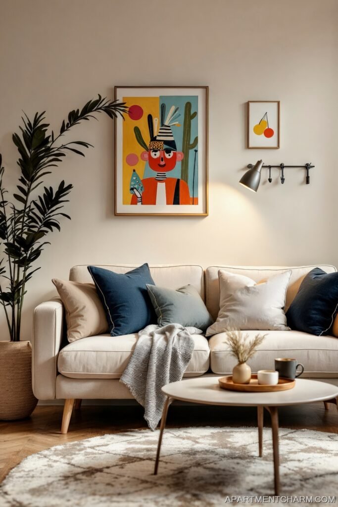 Modern Beige Living Room: Amazing Ways to Wow Guests 1 Modern beige living room with colorful art, throw pillows, and a cozy setup featuring a round coffee table and soft lighting.