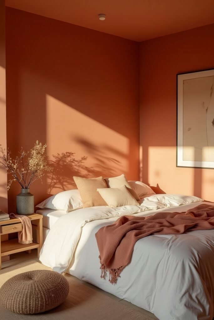 Burnt Orange Bedroom Color Combinations: The Best Shades to Pair for a Stylish Retreat 2 Minimalist bedroom in soft sunlight, featuring burnt orange bedroom color combinations with cream and beige accents.