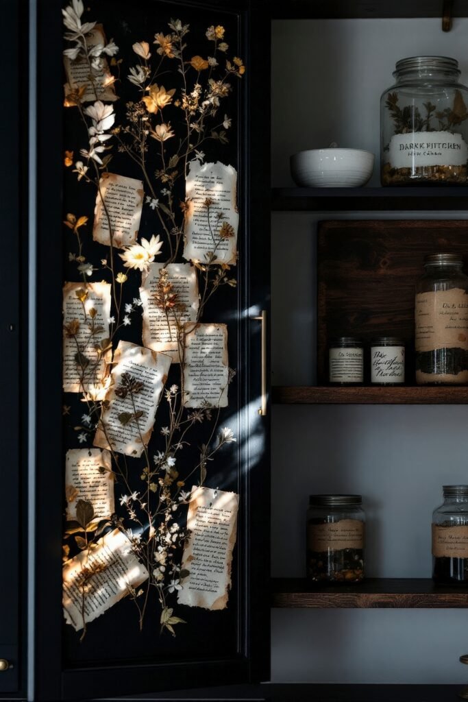 DIY Dark Academia Kitchen Decor: Affordable Tips & Tricks to Transform Your Space 16 Cabinet door with pressed flowers and handwritten pages, styled with apothecary jars for a whimsical DIY Dark Academia kitchen.