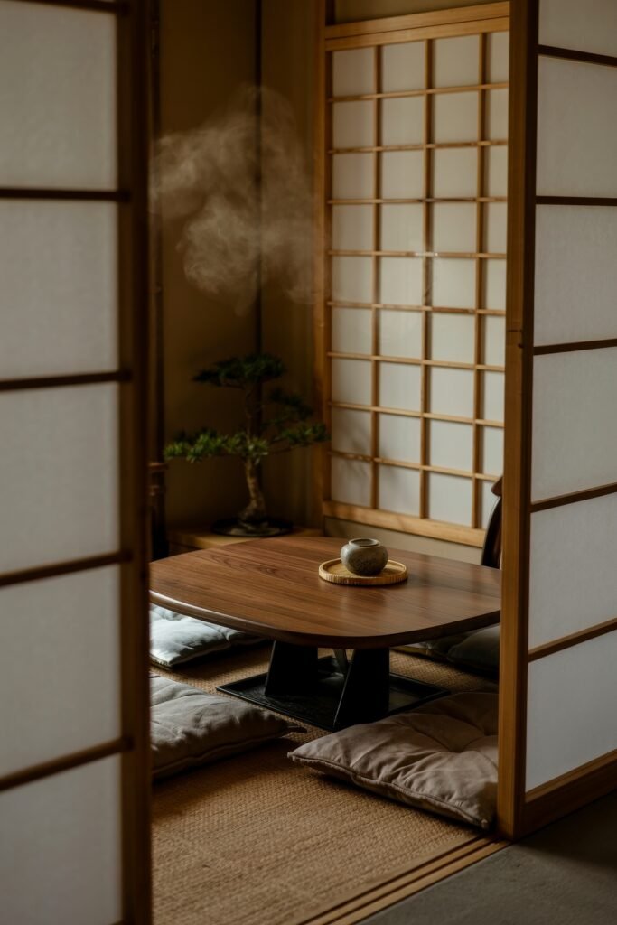 Japanese Breakfast Nook Ideas: Tea Ceremony Style for Tiny Kitchens 19 Intimate Japanese Breakfast Nook with steaming tea, cushions, and a bonsai by shoji doors.