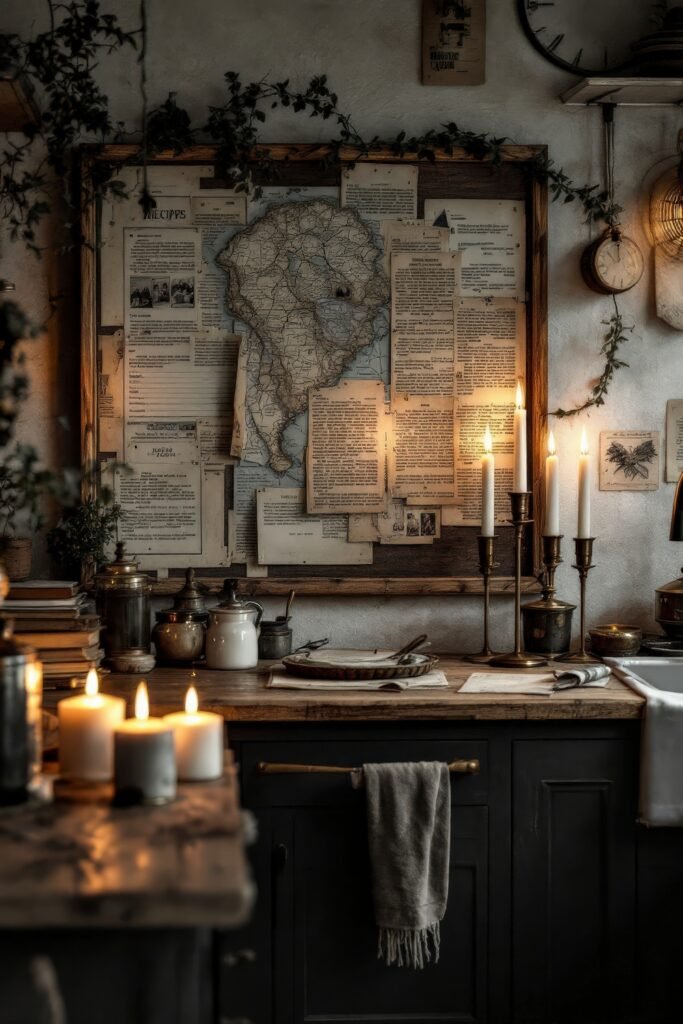 DIY Dark Academia Kitchen Decor: Affordable Tips & Tricks to Transform Your Space 17 Wall collage of antique maps and documents with brass candlesticks and moody shadows in a vintage-inspired kitchen corner.