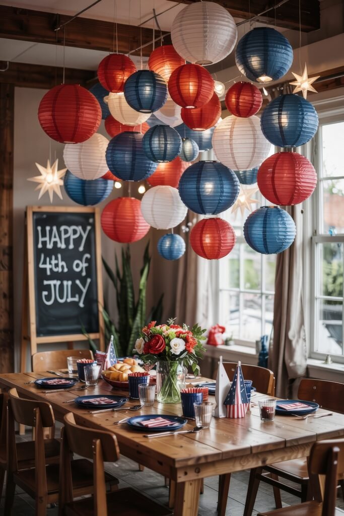 Patriotic 4th of July Table Décor & Centerpieces 20 Festive indoor table decorated with hanging patriotic lanterns, a chalkboard sign reading "Happy 4th of July", and a table set with flags and floral centerpiece.