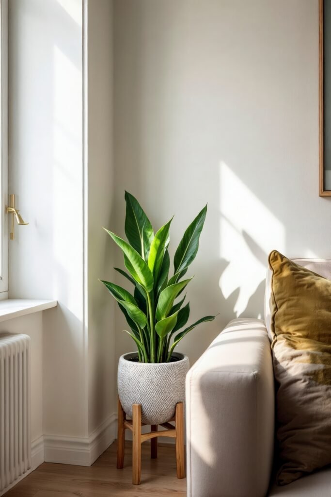 Beige and Green Living Room: Color Pairing Tips & Inspiration 16 Sunlight bathes a beige and green living room corner with a plant in a textured pot and gold pillow.