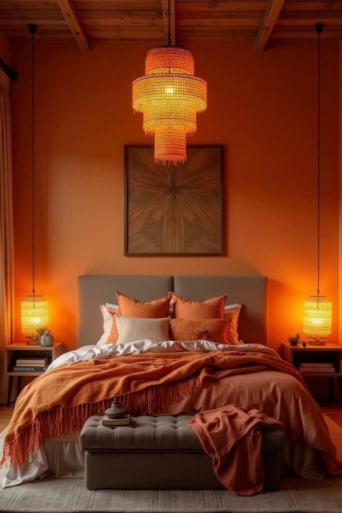 Cozy Burnt Orange Boho Bedroom Design Guide 16 Dramatic burnt orange boho bedroom with layered lighting, chandelier, and warm earthy accents