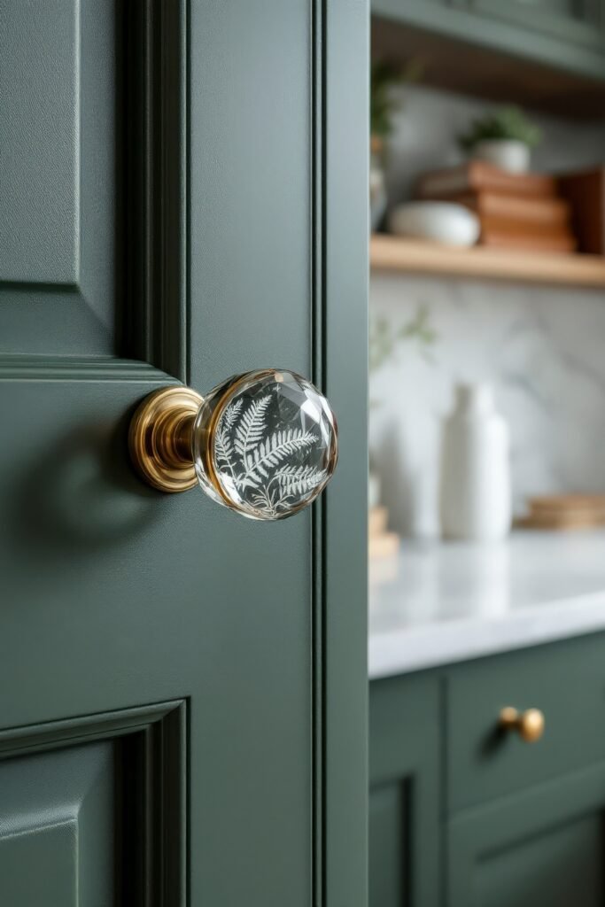 Dark Academia Kitchen Cabinets: Shades & Hardware for a Vintage Aesthetic 13 Close-up of a green cabinet with a brass and glass fern-etched knob in a Dark Academia Kitchen.