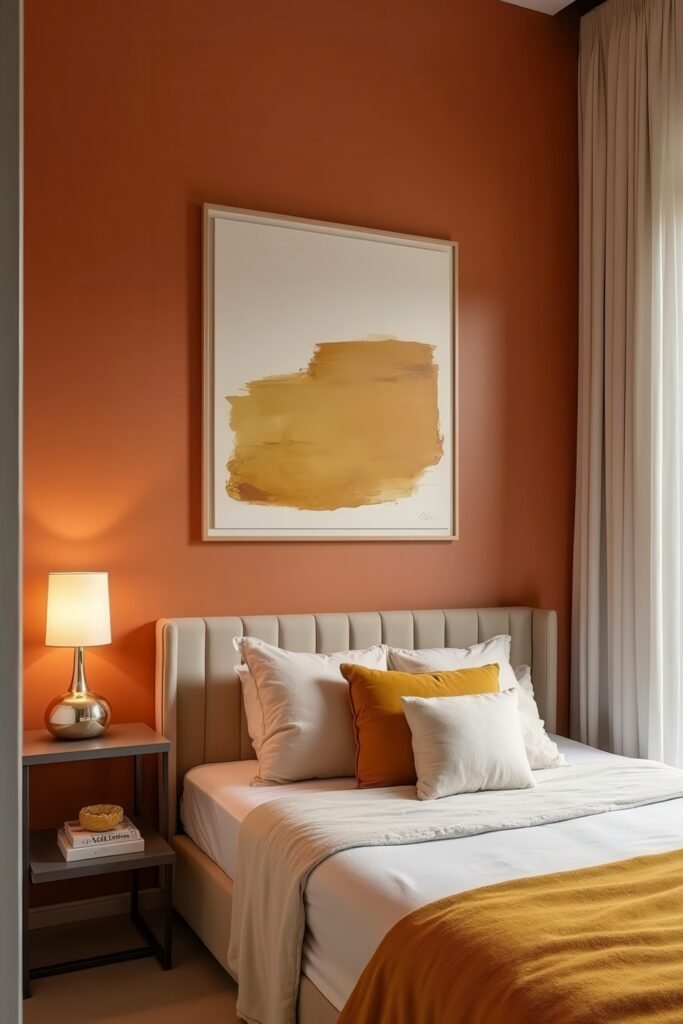 Burnt Orange Bedroom Color Combinations: The Best Shades to Pair for a Stylish Retreat 17 Warm-toned bedroom with golden yellow pillows, burnt orange bedroom color combinations, and modern lighting.
