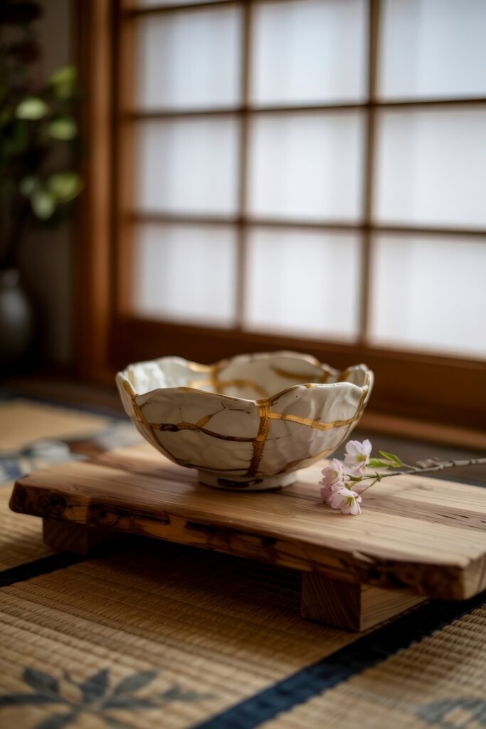 Japanese Breakfast Nook Ideas: Tea Ceremony Style for Tiny Kitchens 20 Kintsugi ceramic bowl and cherry blossoms on a wooden stand by a soft-lit Japanese Kitchen window.