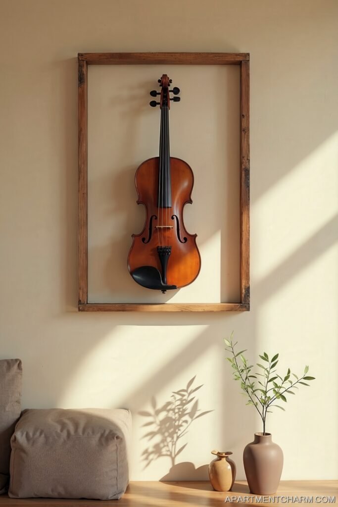 Wall Art for Beige Living Room: Proven Ways to Wow 19 Framed violin mounted on wall with warm lighting, unique wall art for beige living room.