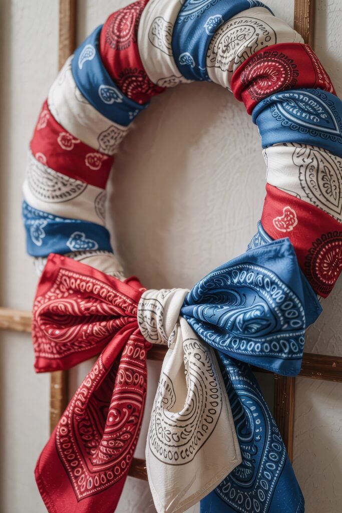 DIY 4th of July Decor: Best Patriotic Crafts for Apartments & Homes 14 Wreath made from bandanas in red, white, and blue wrapped around a ring and tied in a large bow for rustic 4th of July décor.
