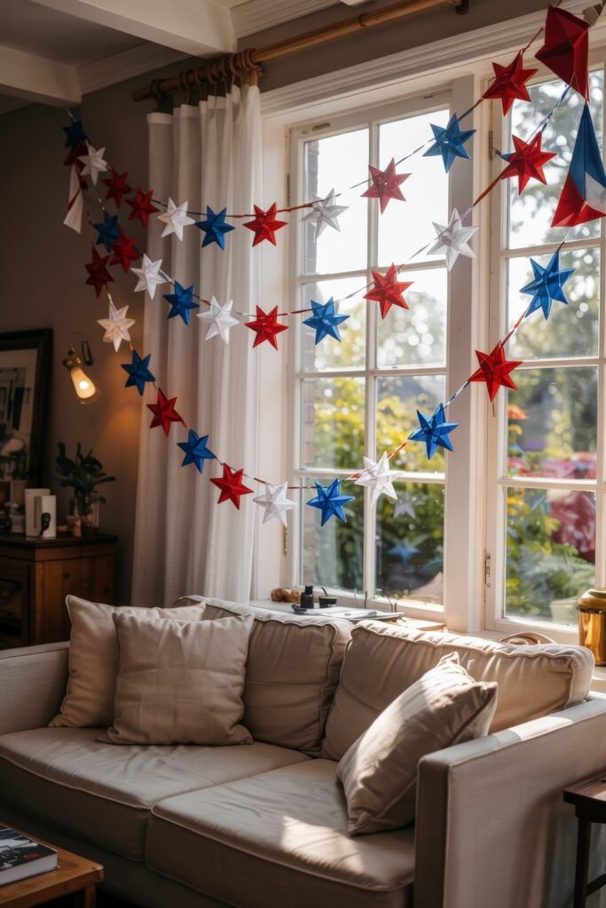 Patriotic 4th of July Table Décor & Centerpieces 21 Living room decorated for the 4th of July with red, white, and blue star garlands draped above a neutral-toned couch and sunlit windows.