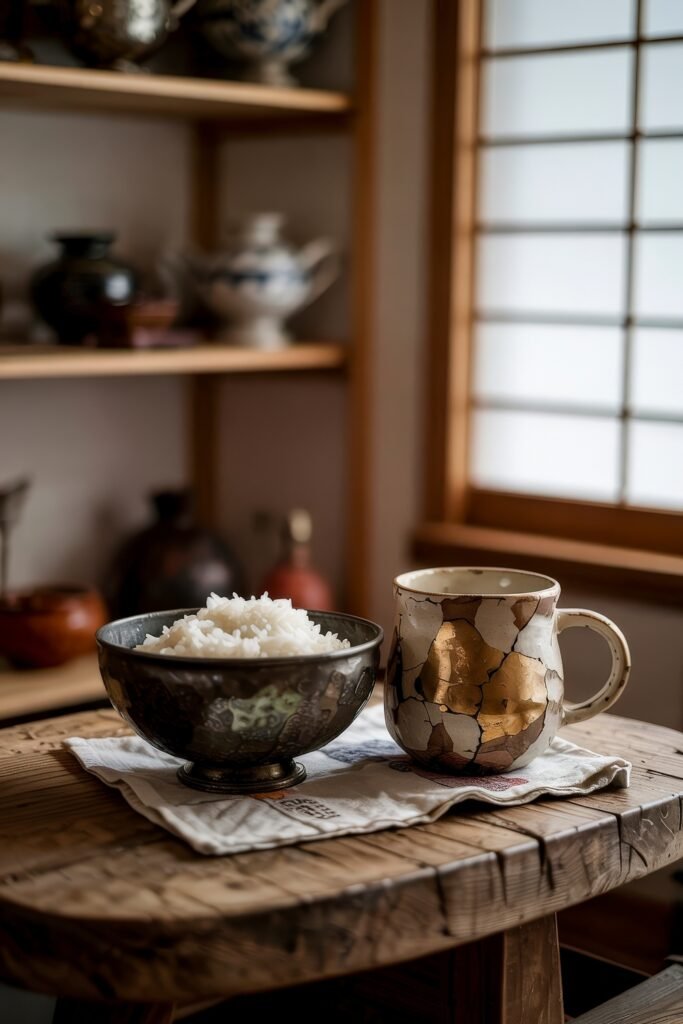 Japanese Breakfast Nook Ideas: Tea Ceremony Style for Tiny Kitchens 21 Rustic Japanese Kitchen with a rice bowl and kintsugi mug on a cloth by a shelf of pottery.