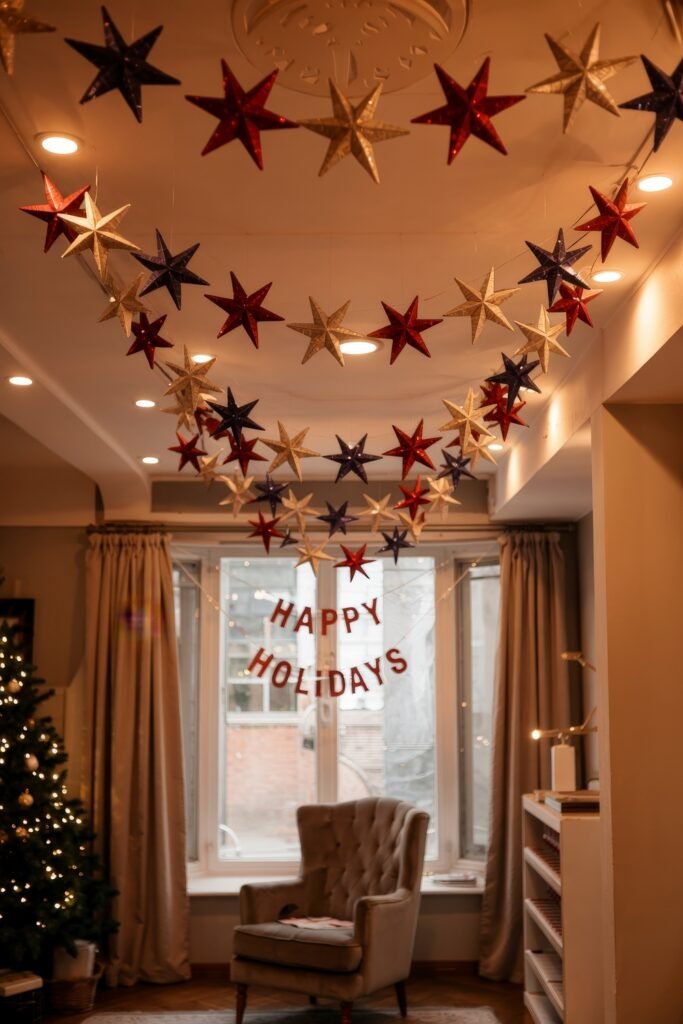 Patriotic 4th of July Table Décor & Centerpieces 22 Cozy sitting area featuring layered red, white, and blue glitter star garlands with a "Happy Holidays" sign, creating a festive ambiance.