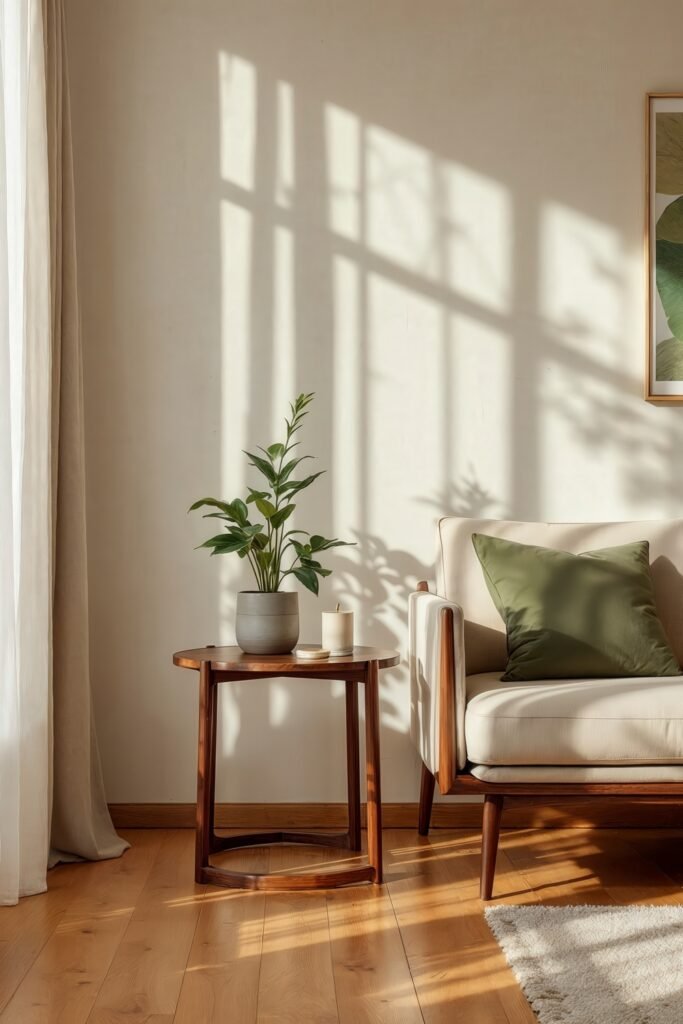 Beige and Green Living Room: Color Pairing Tips & Inspiration 17 Soft sunlight in a beige and green living room with a wooden side table, plant, and cozy armchair.