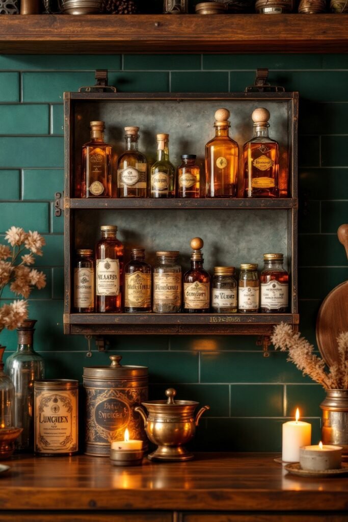 DIY Dark Academia Kitchen Decor: Affordable Tips & Tricks to Transform Your Space 18 Apothecary jars and vintage bottles on wood shelves with green tiled backdrop and candlelight—rich in Dark Academia Kitchen vibes.