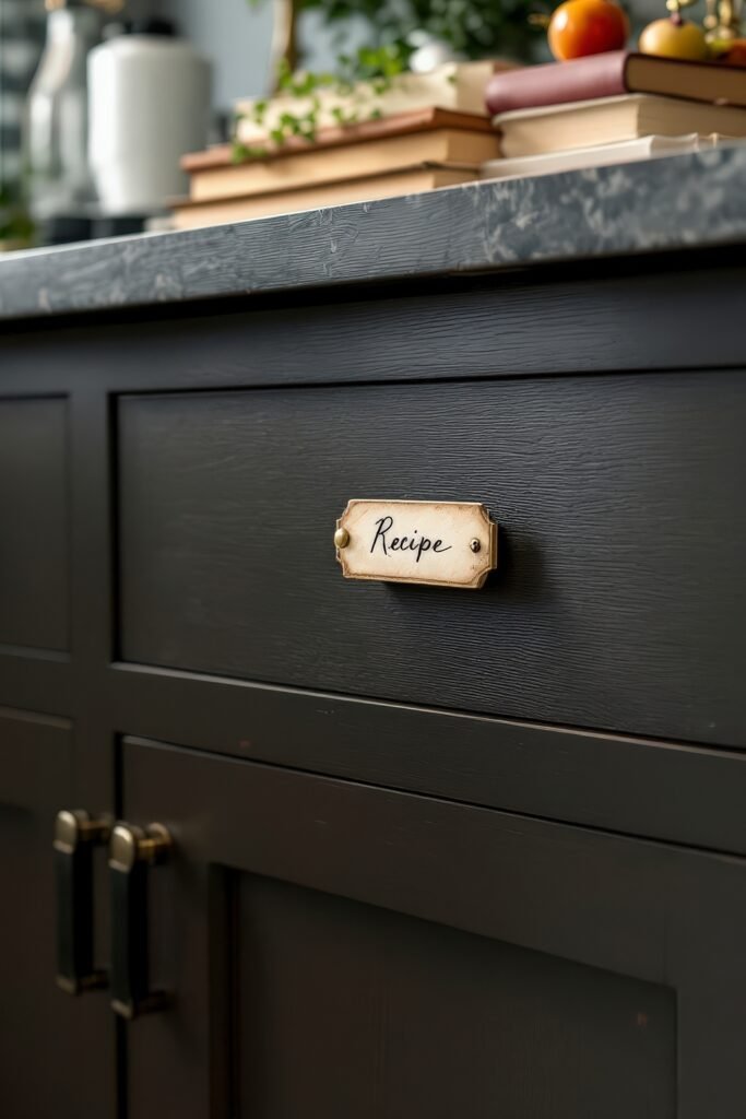 Dark Academia Kitchen Cabinets: Shades & Hardware for a Vintage Aesthetic 14 Black cabinetry with a vintage "Recipe" label, stacked books, and fresh herbs in a moody Dark Academia Kitchen.