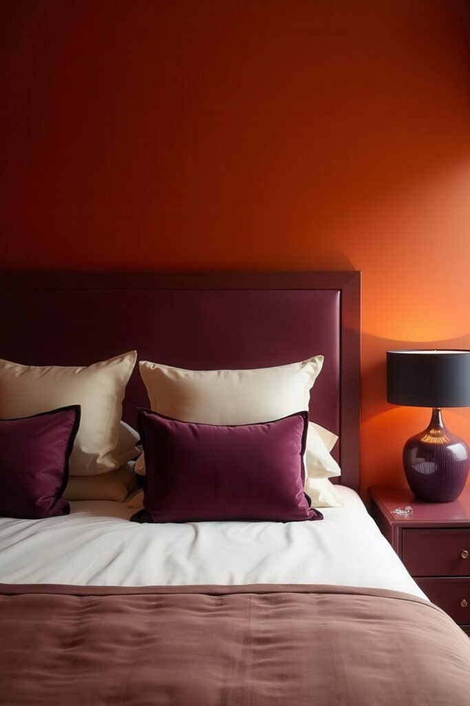 Burnt Orange Bedroom Color Combinations: The Best Shades to Pair for a Stylish Retreat 18 Elegant bedroom with deep plum pillows and burnt orange bedroom color combinations for a rich, moody contrast.