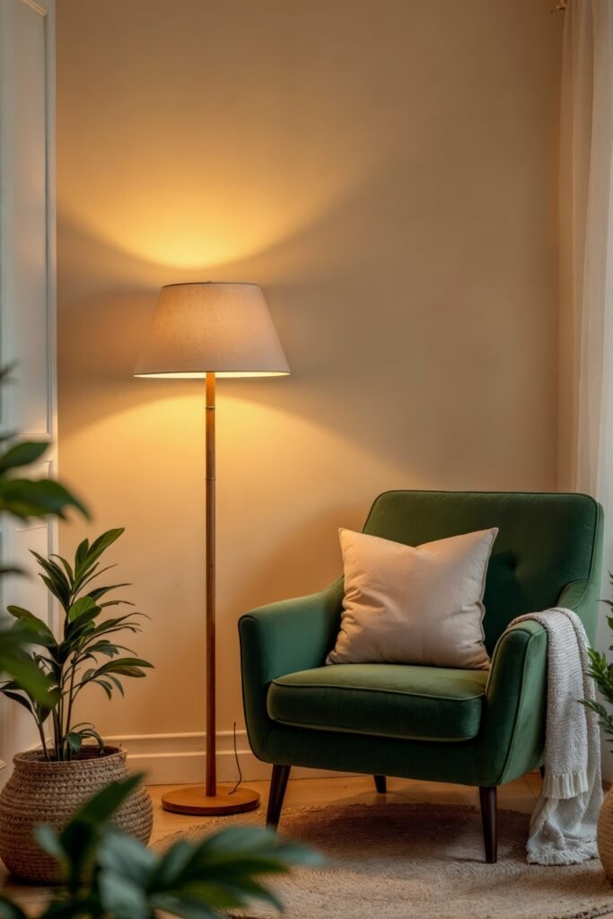 Beige and Green Living Room: Color Pairing Tips & Inspiration 18 Beige and green living room nook with a green chair, floor lamp, and neutral-toned pillow.