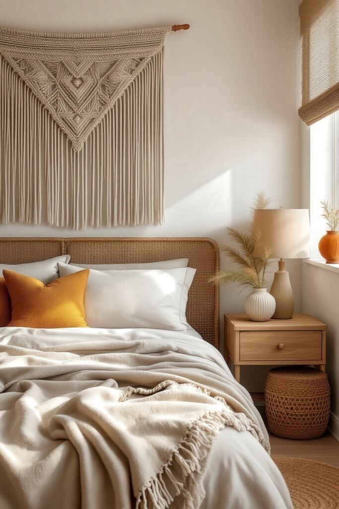 Essential Boho Bedroom Furniture: Rattan, Wood, and Vintage Finds 18 Woven headboard and macrame wall art with neutral bedding in a sunlit space with boho bedroom furniture