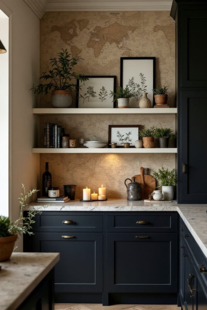 DIY Dark Academia Kitchen Decor: Affordable Tips & Tricks to Transform Your Space 19 A cozy kitchen nook with map wallpaper, candles, botanical prints, and potted herbs for a DIY Dark Academia Kitchen display.