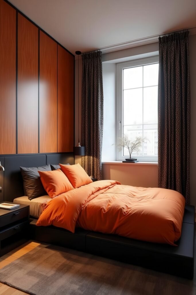 Burnt Orange Bedroom Color Combinations: The Best Shades to Pair for a Stylish Retreat 19 Bold orange bedding against dark furniture, showcasing modern burnt orange bedroom color combinations.