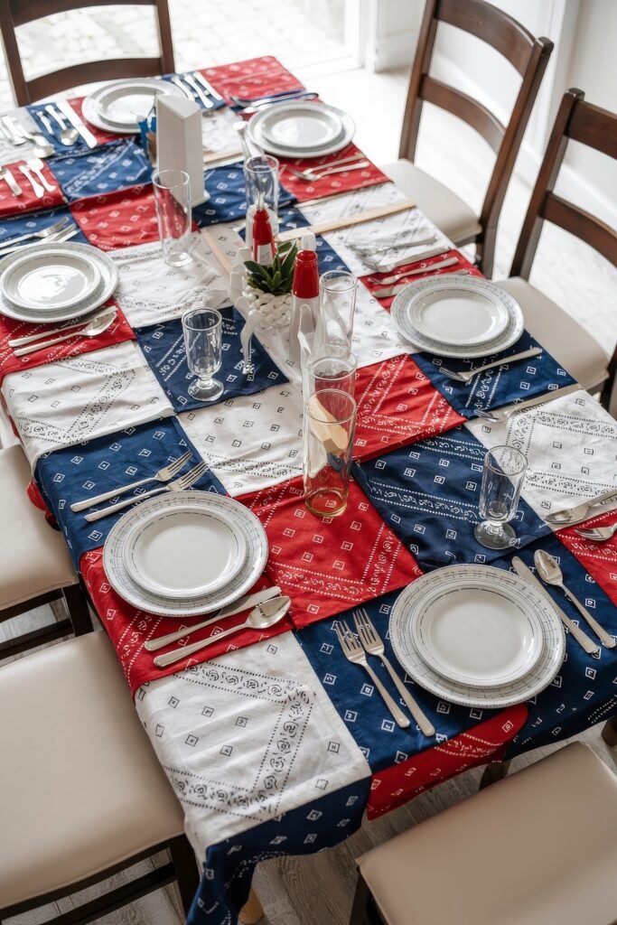 DIY 4th of July Decor: Best Patriotic Crafts for Apartments & Homes 15 Patriotic dining table set with red, white, and blue bandana tablecloth and white dishware for a festive celebration.