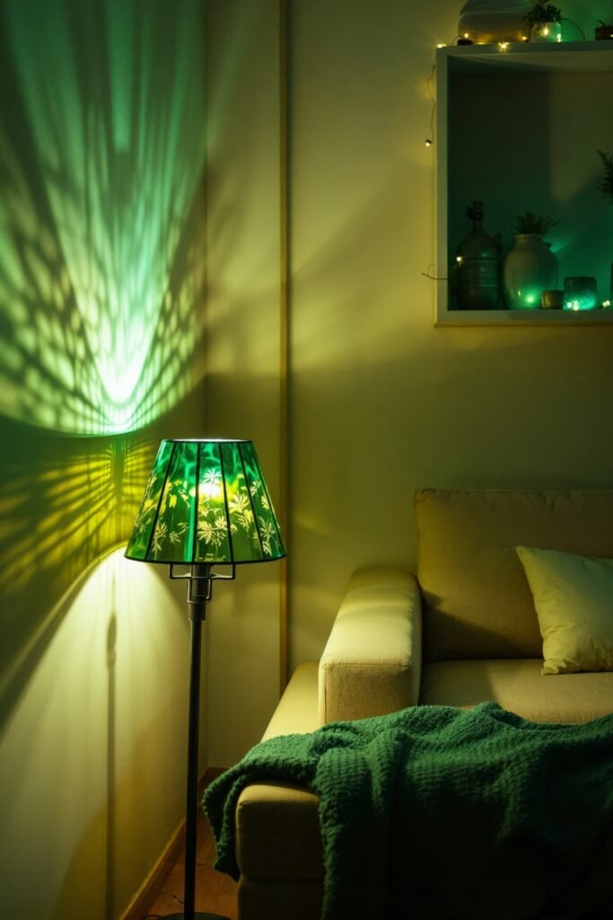 Beige and Green Living Room: Color Pairing Tips & Inspiration 19 Moody beige and green living room with a glowing green lamp casting patterns on the wall.