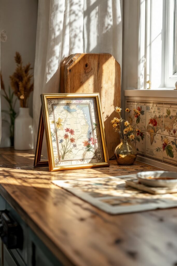 DIY Dark Academia Kitchen Decor: Affordable Tips & Tricks to Transform Your Space 20 A framed map with floral art rests on a sunlit counter, styled with vintage tiles and a golden vase of dried flowers.