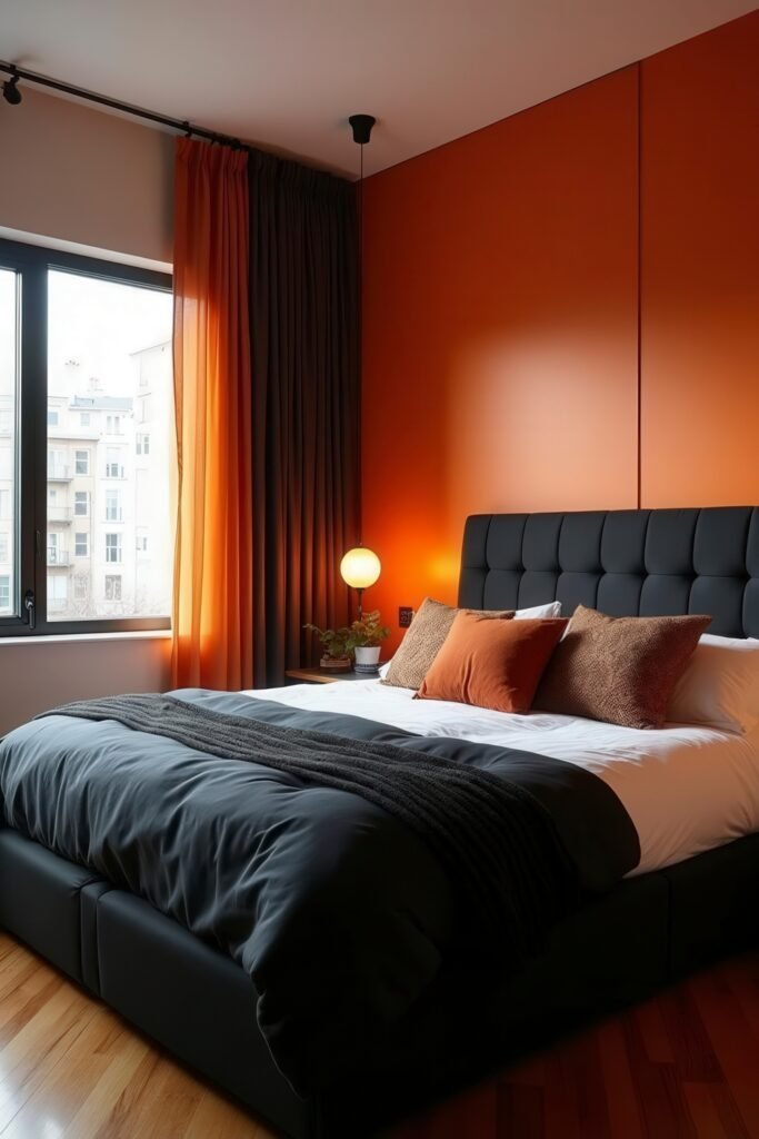 Burnt Orange Bedroom Color Combinations: The Best Shades to Pair for a Stylish Retreat 20 Burnt orange bedroom color combinations with dark curtains, black bedframe, and rust-toned pillows.