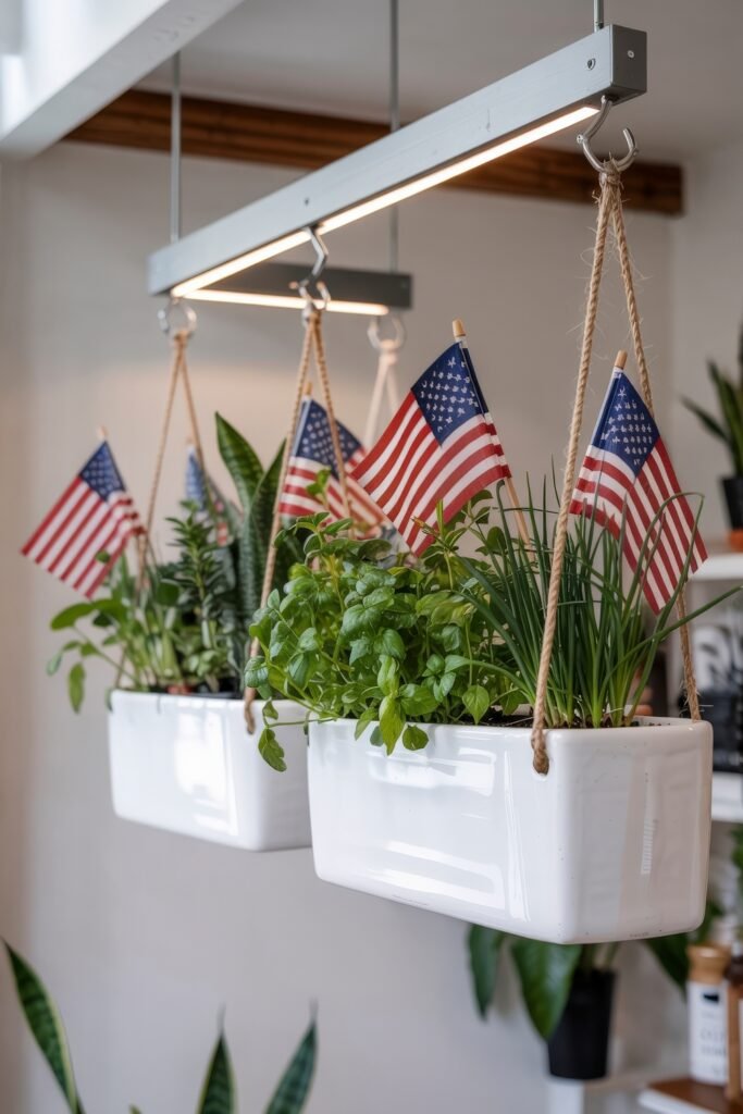 Patriotic 4th of July Table Décor & Centerpieces 24 Indoor hanging white planters filled with fresh herbs and small American flags, suspended from a modern grow light fixture for a festive kitchen touch.