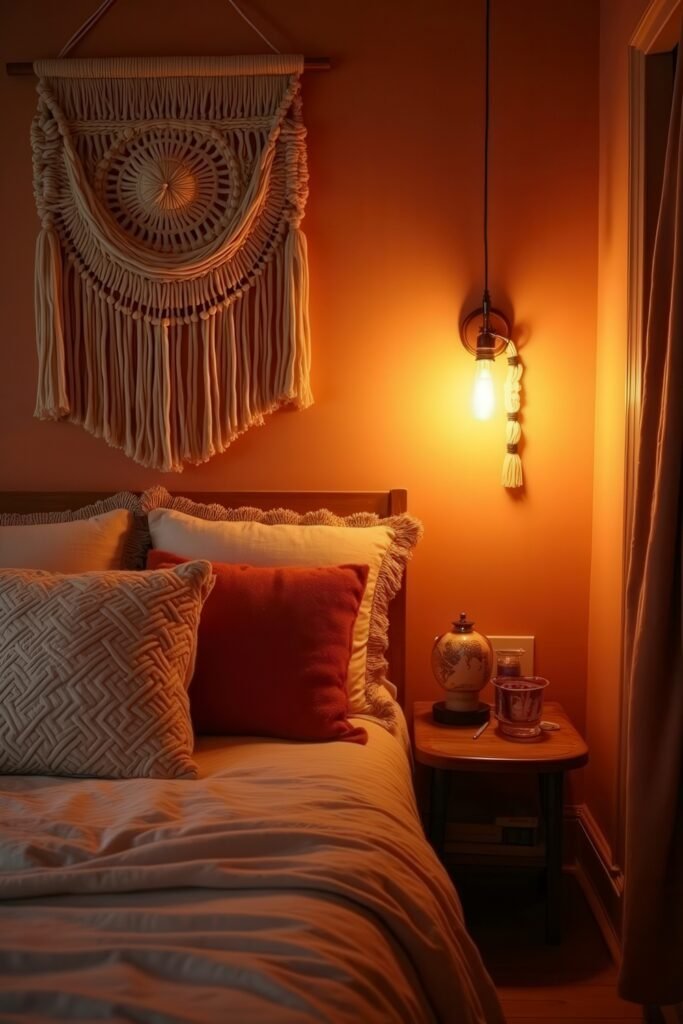 Cozy Burnt Orange Boho Bedroom Design Guide 18 Moody burnt orange boho bedroom with glowing pendant light, macramé art, and textured pillows