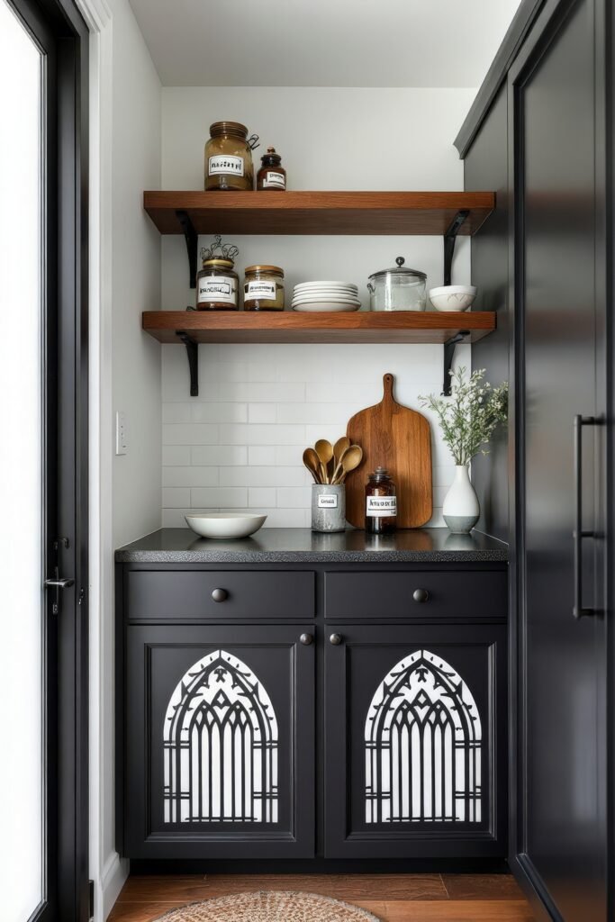 Dark Academia Kitchen Cabinets: Shades & Hardware for a Vintage Aesthetic 15 Gothic-style black cabinets with cathedral cutouts, wood shelves, and labeled jars in a cozy Dark Academia Kitchen.