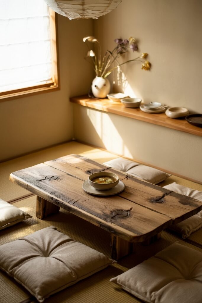 Japanese Breakfast Nook Ideas: Tea Ceremony Style for Tiny Kitchens 22 Cozy Japanese Breakfast Nook with rustic wood table, soup bowl, and soft cushions.